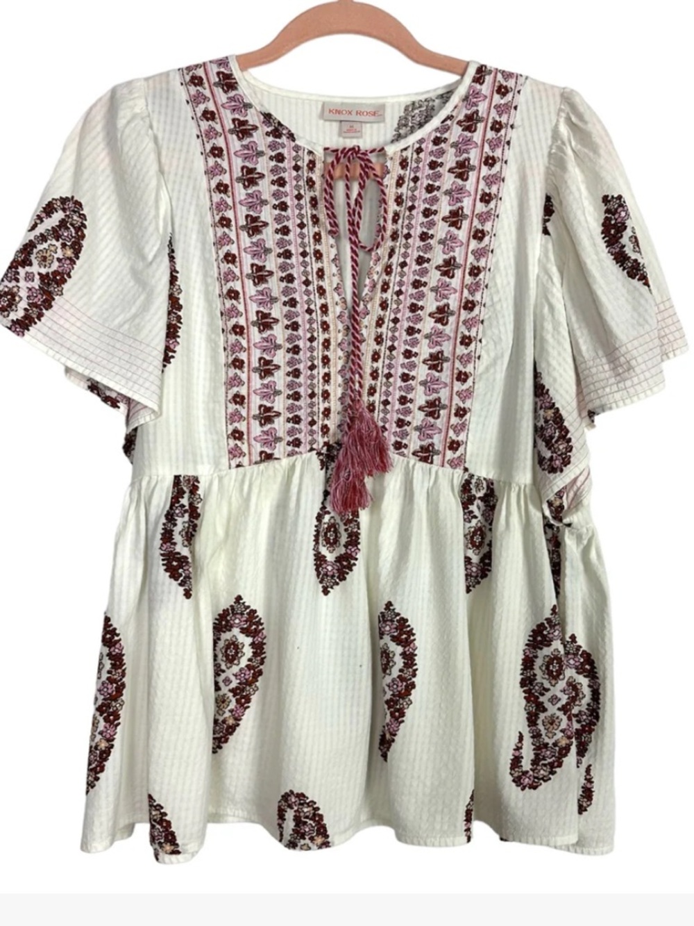 Knox Rose Flutter Short Sleeve Top white/burgundy paisley pattern, bohemian, M